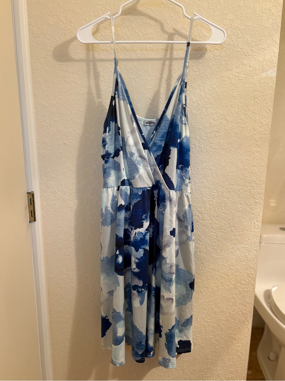 Blue Watercolor-Print Mini Dress with V-Neck and Spaghetti Straps